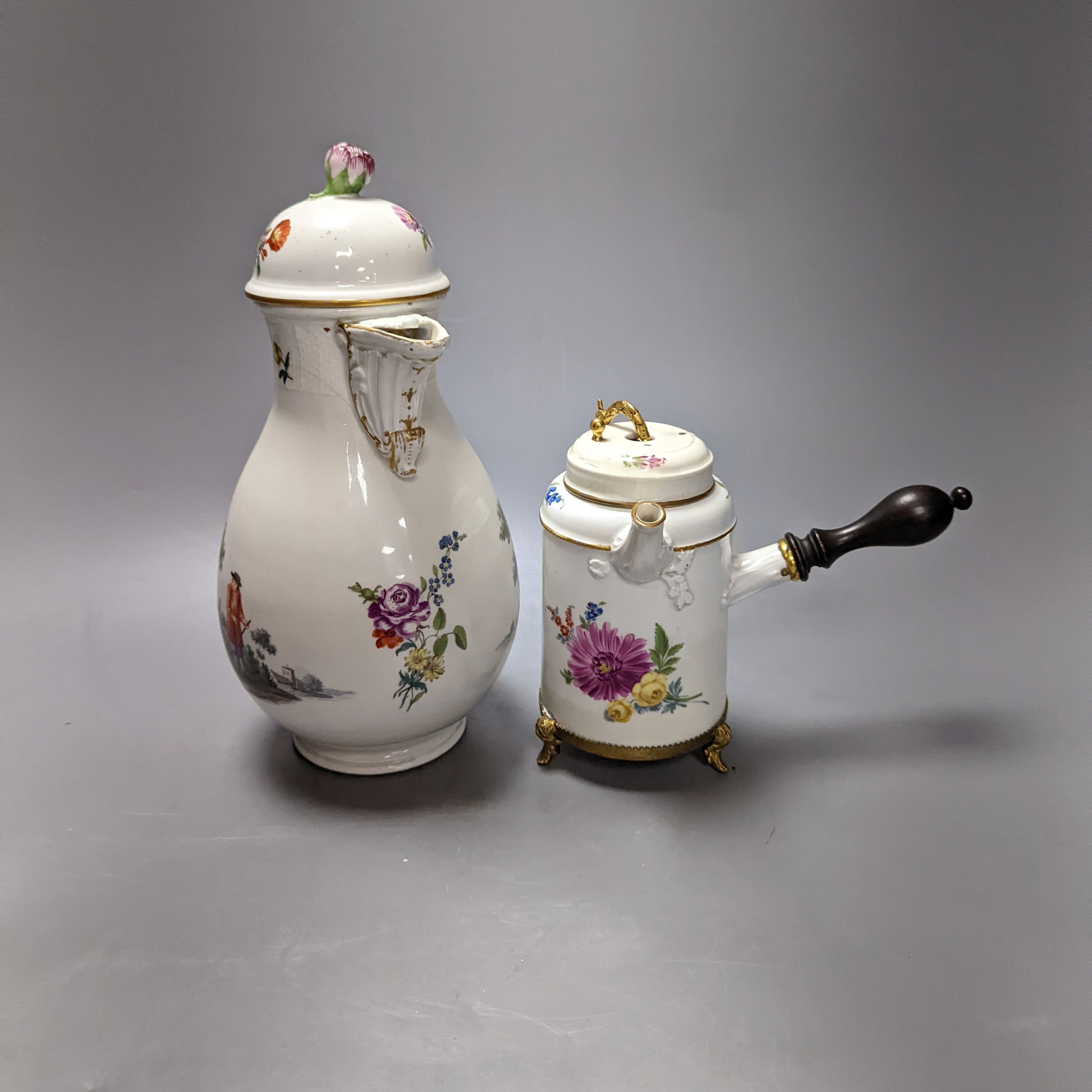 An 18th century Meissen hotwater pot and a Marcolini period coffee or chocolate pot (a.f) tallest 25cm (2)